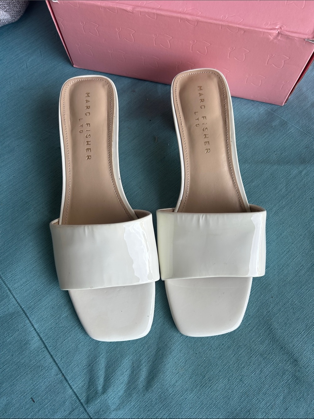 Marc Fisher White Patent Square-Toe Slide Mules